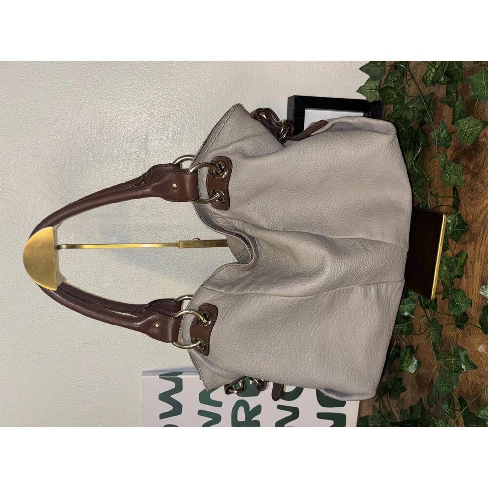 Pebbled Leather Taupe Tote Brown Handles Gold Hardware Work Bag